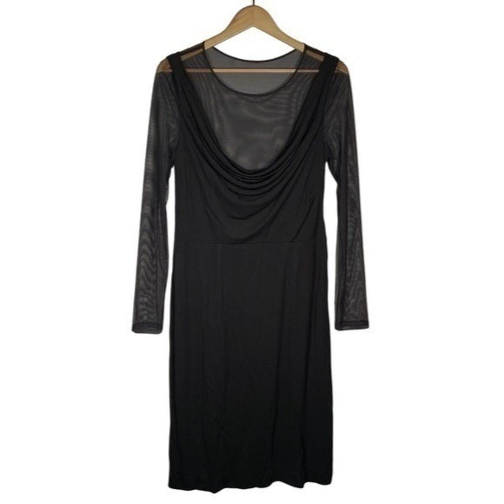 Vera Wang Black Mesh Sleeve Dress 12 Cowl Open Back Draped Sheath Whimsigoth
